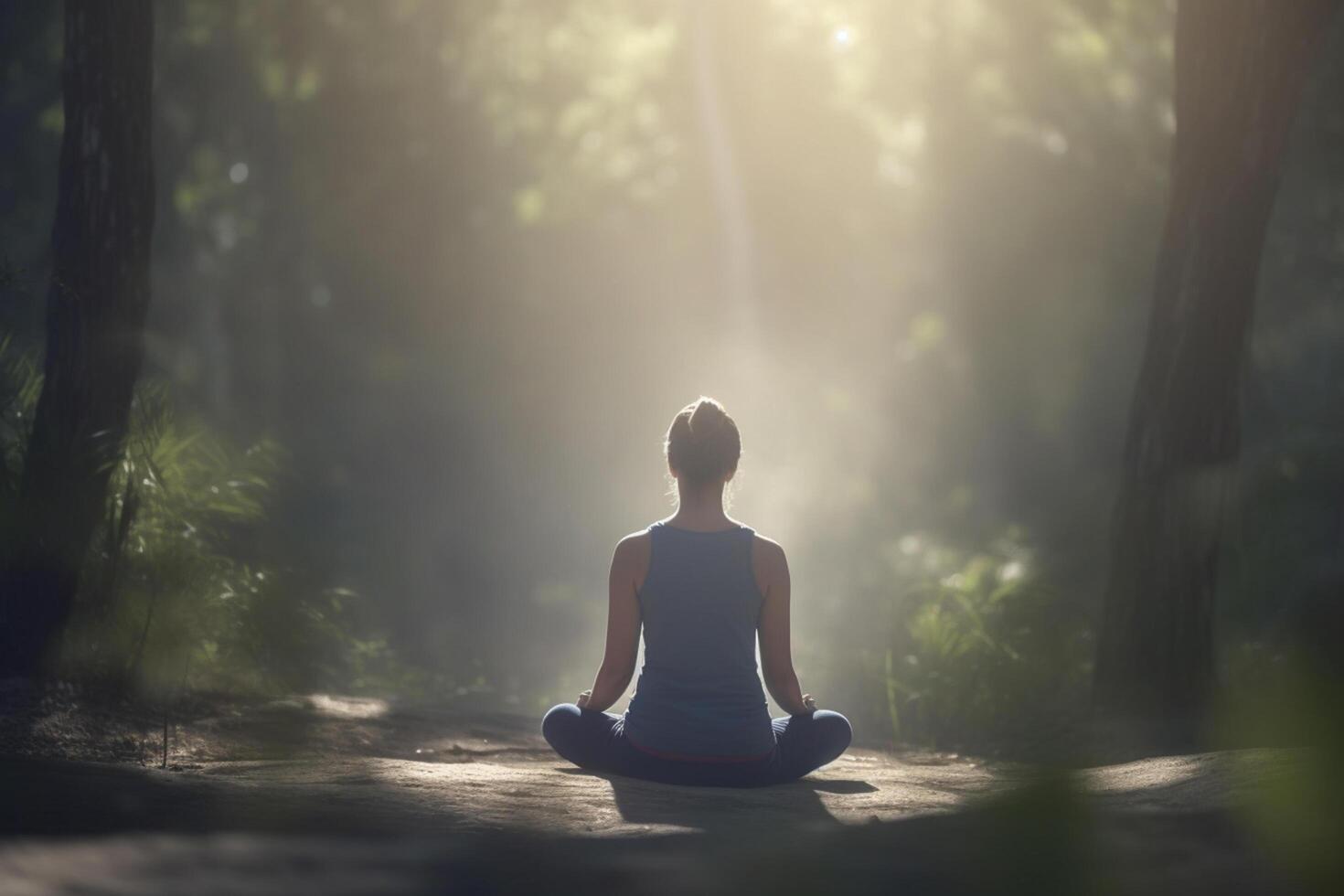 finden Frieden innerhalb Frau meditieren im mit gekreuzten Beinen Yoga Pose ai generiert foto