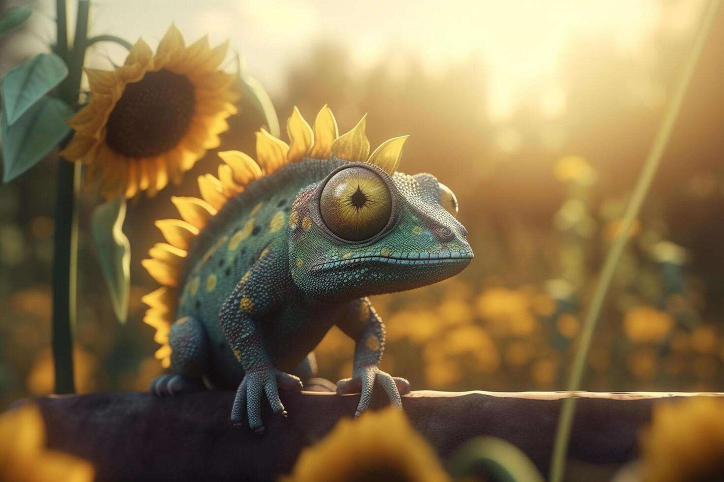 charmant Chamäleon im ein Feld von Sonnenblumen wann camo geht falsch ai generiert foto