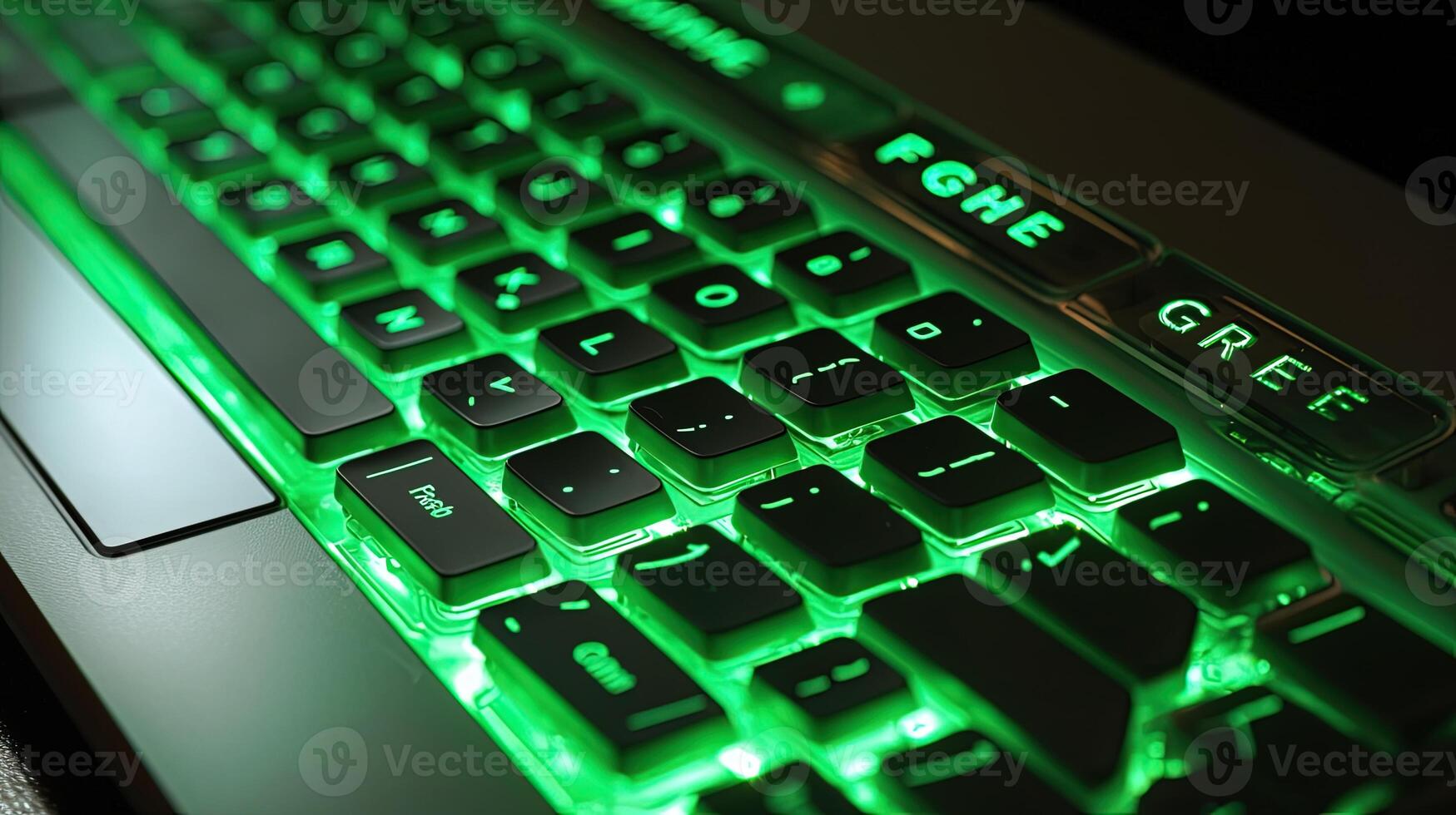Grün glühend Tastatur Licht, Nahaufnahme. Digital Technologie generativ ai. foto