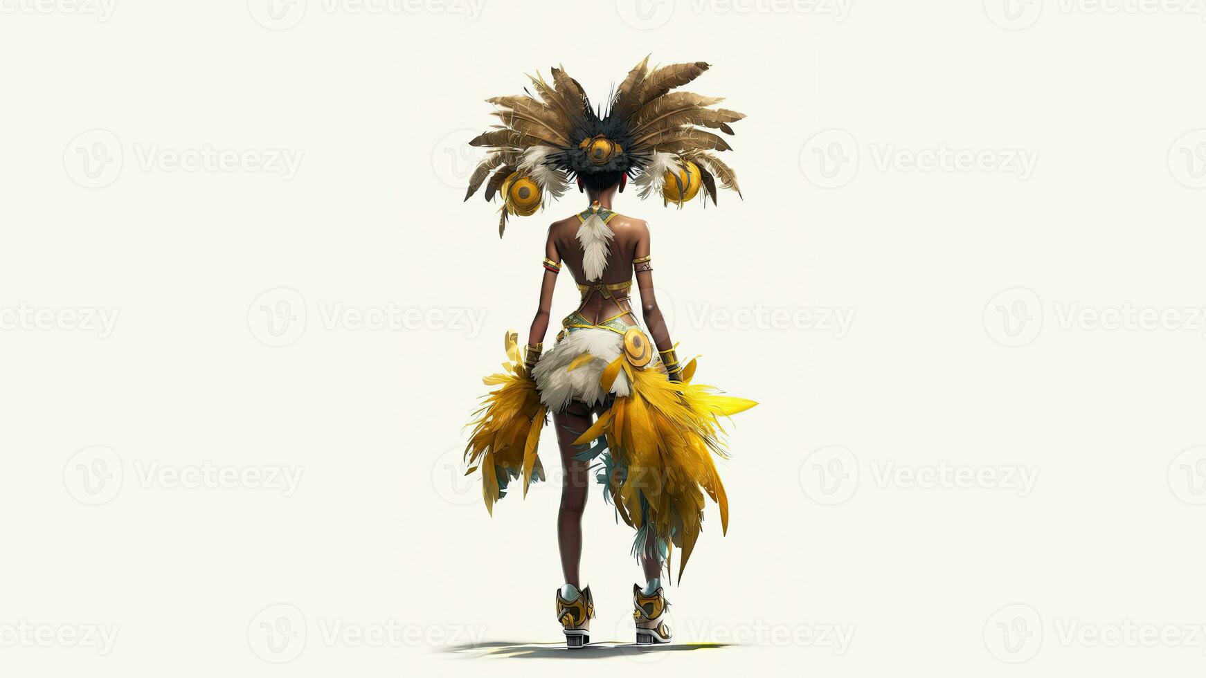 3d machen, Rückseite Aussicht von Brasilianer weiblich Samba Tänzer Charakter Stehen auf Weiß Hintergrund und Kopieren Raum. foto