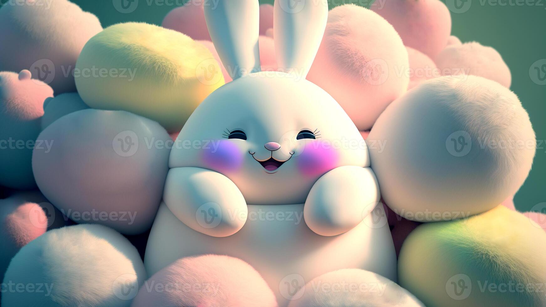 3d machen von komisch mollig Hase Charakter umgeben durch Pastell- Farbe pelzig Eier Hintergrund. glücklich Ostern Tag Konzept. foto