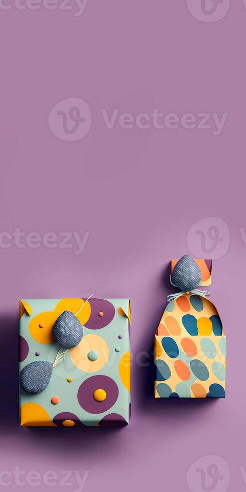 3d machen von zwei Art Geschenk Box mit bunt Eier gegen Pastell- lila Hintergrund und Kopieren Raum. glücklich Ostern Tag Konzept. foto