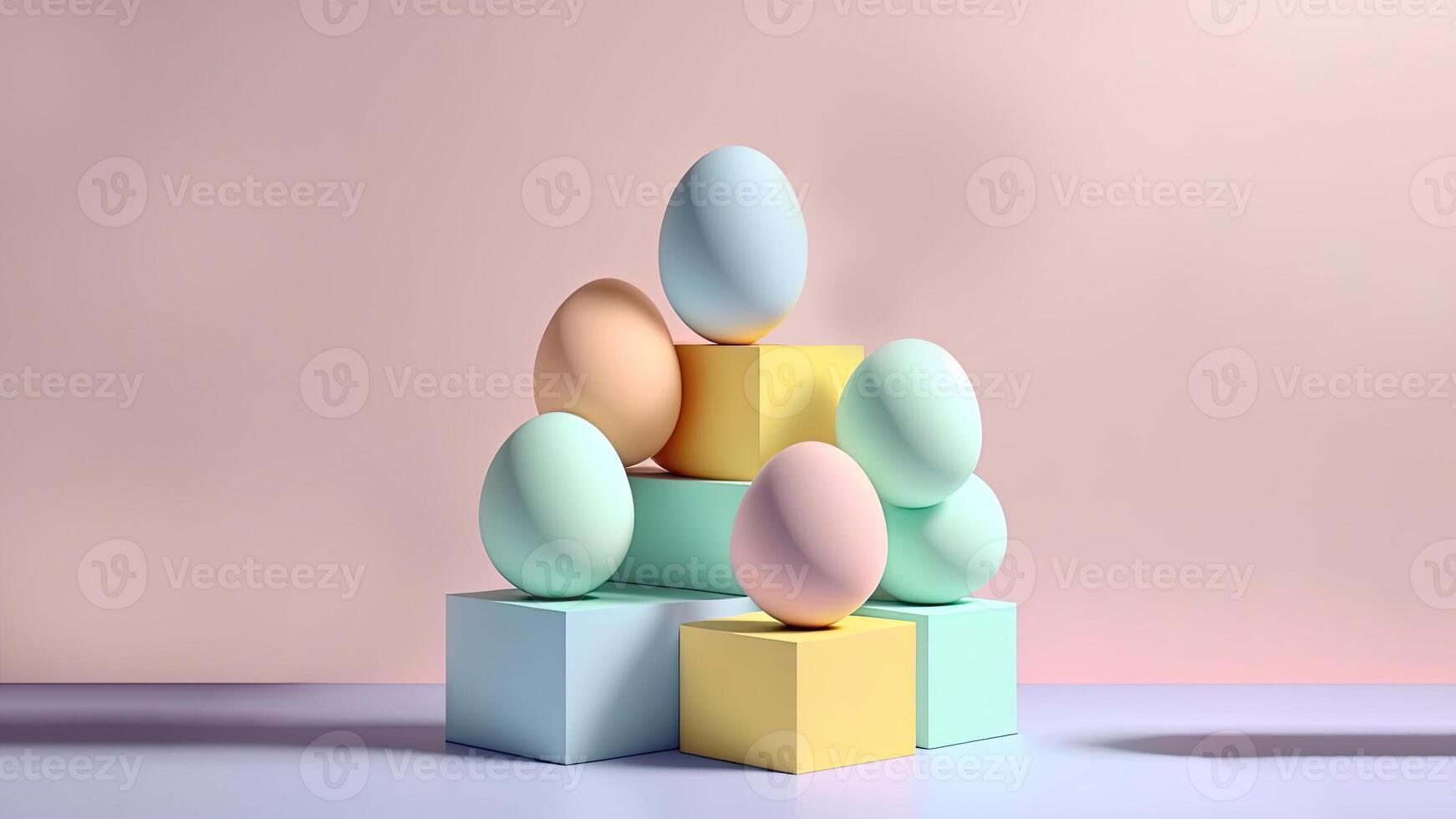 3d machen von Sanft Farbe Eier auf Podium und Kopieren Raum. glücklich Ostern Tag Konzept. foto