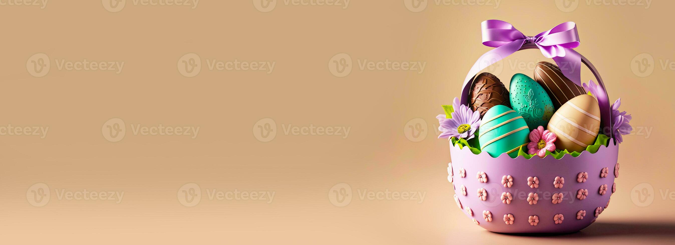 3d machen von bunt Ei Formen, Blumen Innerhalb Korb mit Rosa Seide Bogen Band auf Pastell- braun Hintergrund und Kopieren Raum. glücklich Ostern Tag Konzept. foto