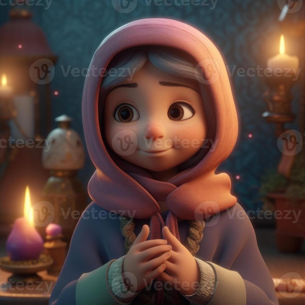 Disney Stil, bezaubernd Muslim Mädchen Charakter. eid Mubarak Konzept. generativ ai. foto