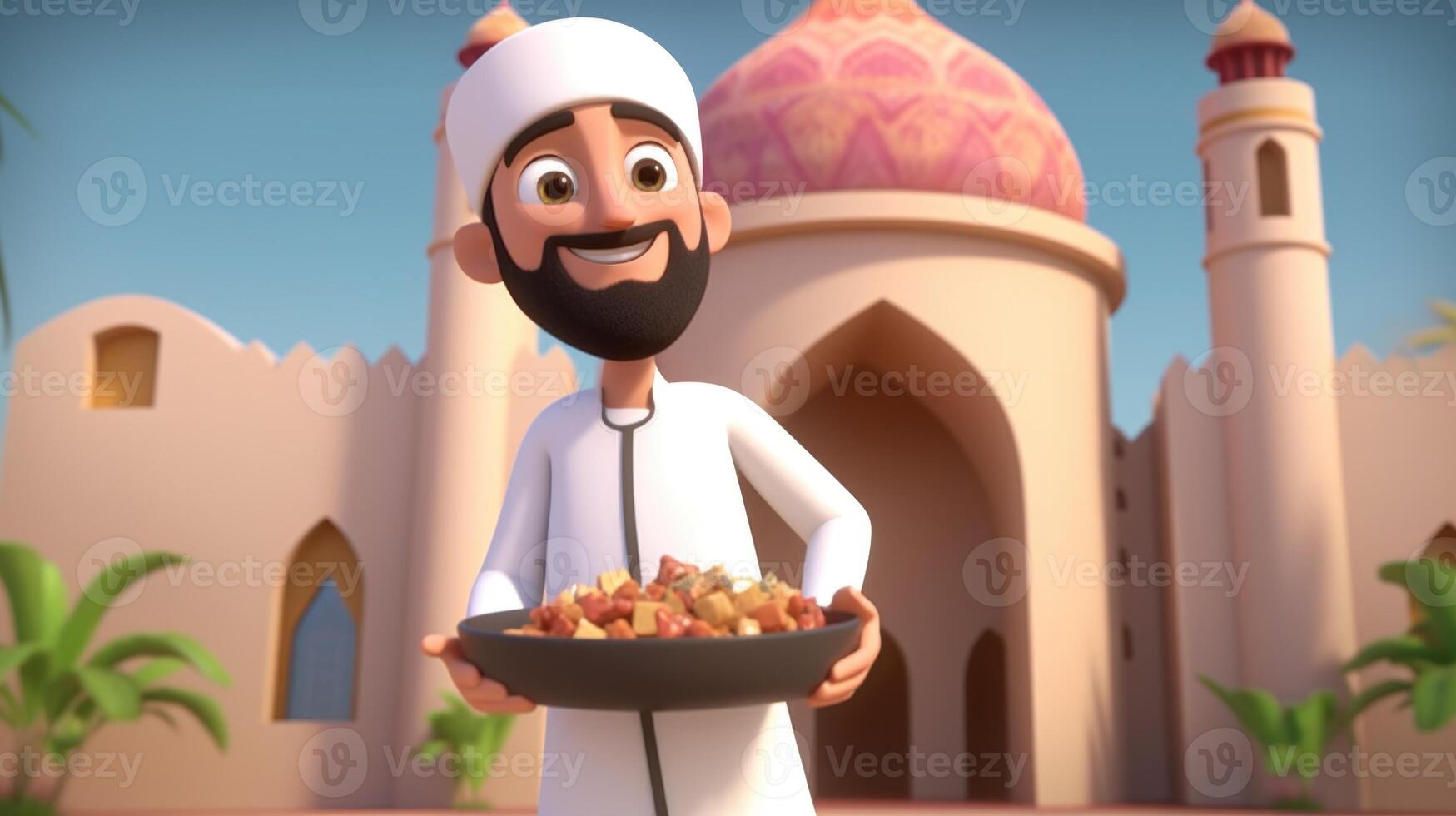 bezaubernd Disney Stil Benutzerbild von Muslim Mann halten Tablett von Essen und Moschee, Bäume auf Hintergrund, eid Mubarak Konzept. generativ ai. foto