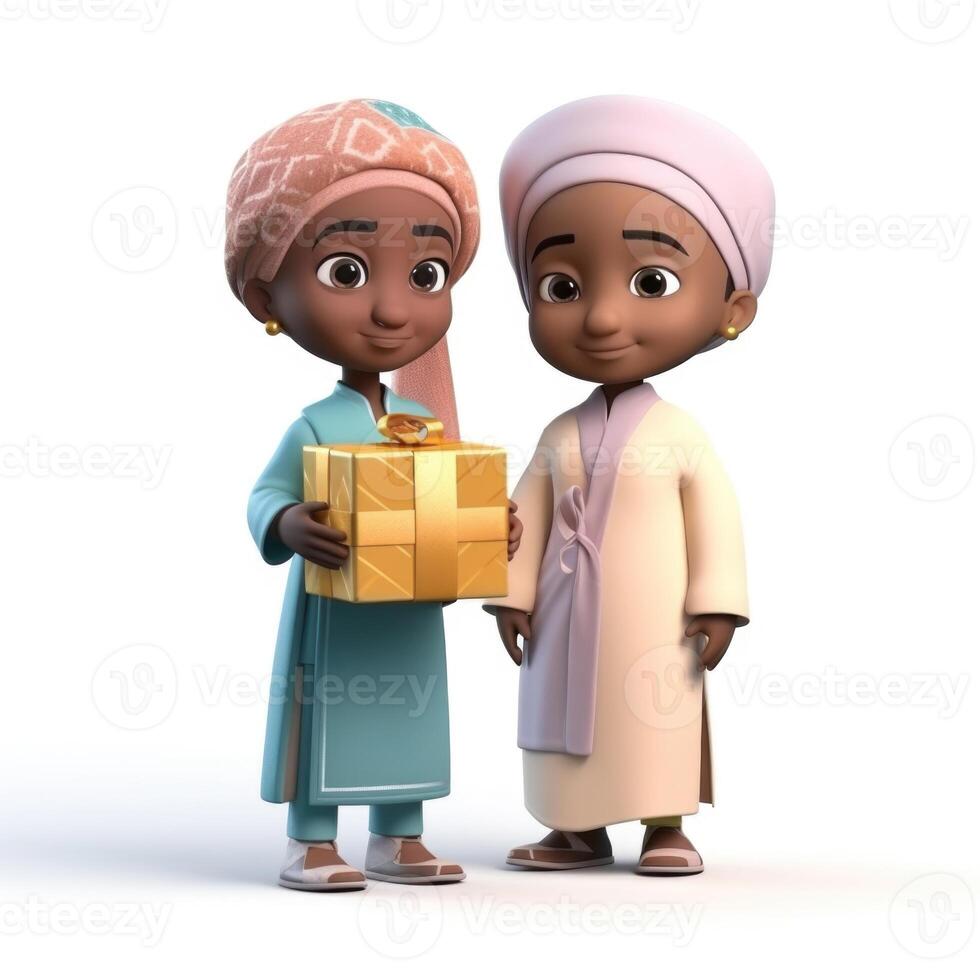 bezaubernd Disney Stil, traditionell Kleidung afrikanisch Muslim Kinder Zeichen mit ein Geschenk Kasten. eid Mubarak Konzept. generativ ai. foto