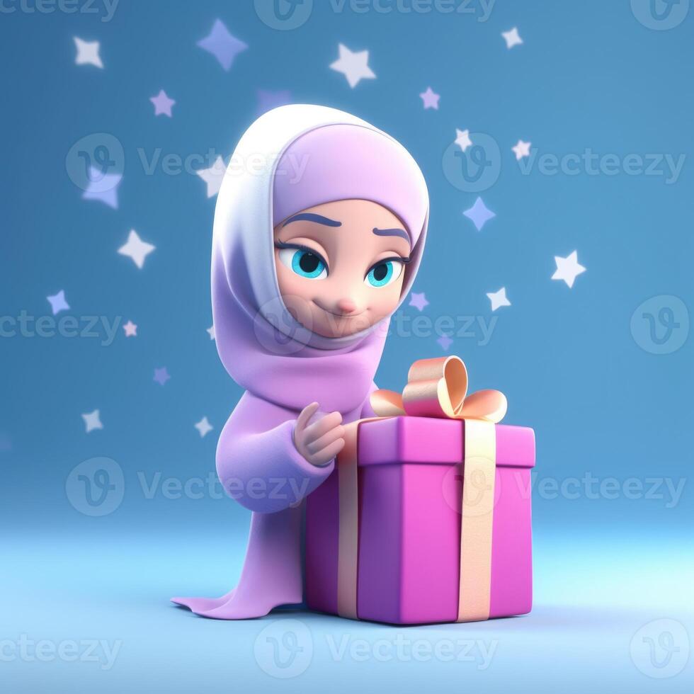 bezaubernd Disney Stil Benutzerbild von Muslim Mädchen tragen Hijab mit Geschenk Kasten, eid Mubarak Konzept, generativ ai. foto