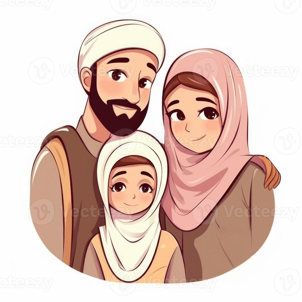 bezaubernd Karikatur Benutzerbild von Smiley Muslim Familie zusammen, eid Mubarak Konzept. generativ ai foto