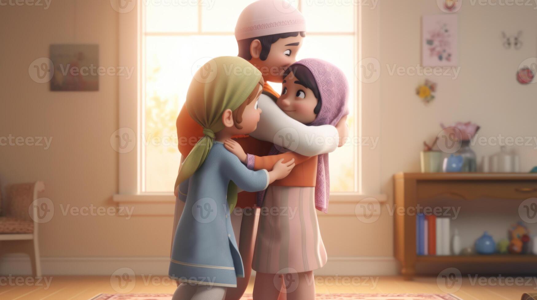 Disney Stil, bezaubernd Muslim Familie Charakter umarmen und wünsche jeder andere. eid oder Ramadan Mubarak Konzept, generativ ai. foto