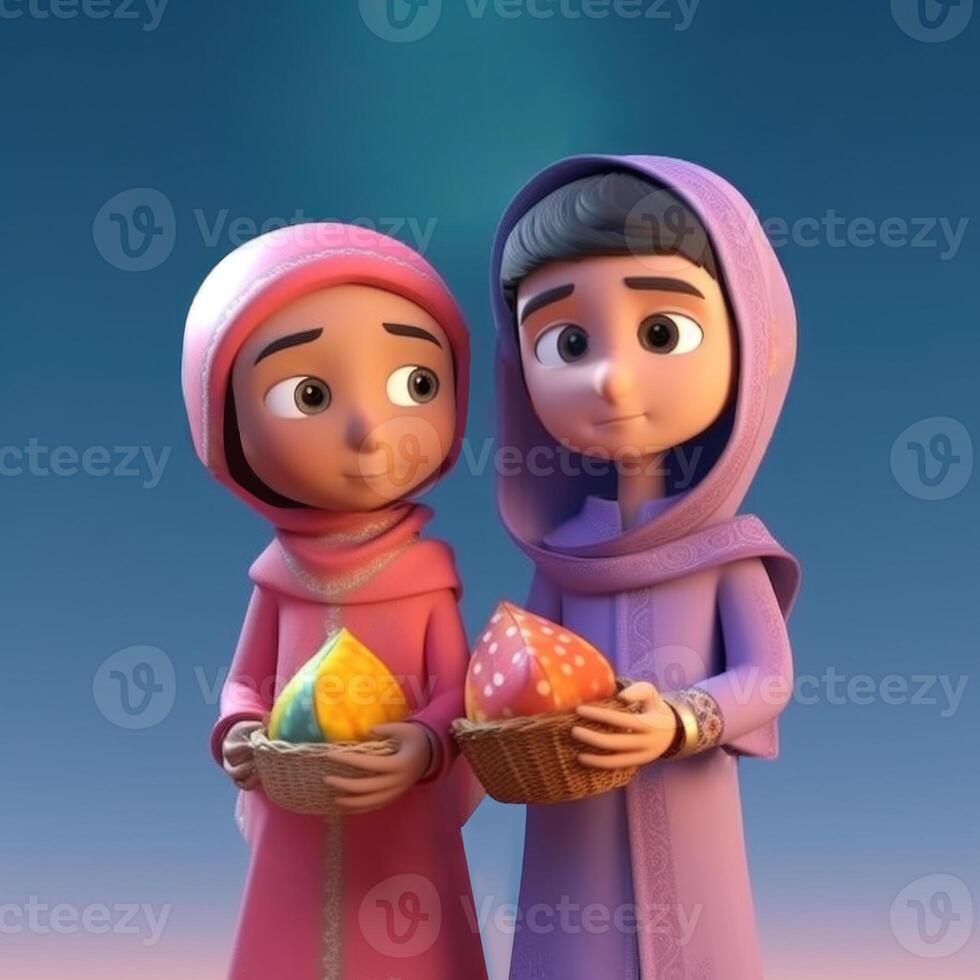 bezaubernd Disney Stil Charakter von Muslim Mädchen halten Korbweide Korb, eid Mubarak Konzept. generativ ai. foto