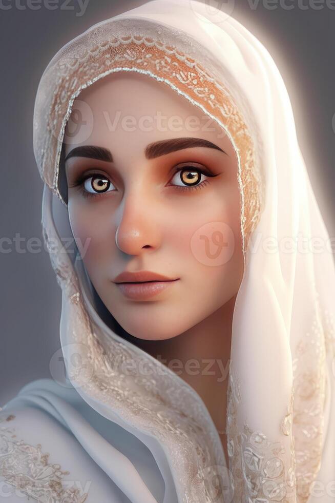 attraktiv schön Muslim jung Mädchen Charakter tragen Hijab Kopftücher, generativ ai. foto