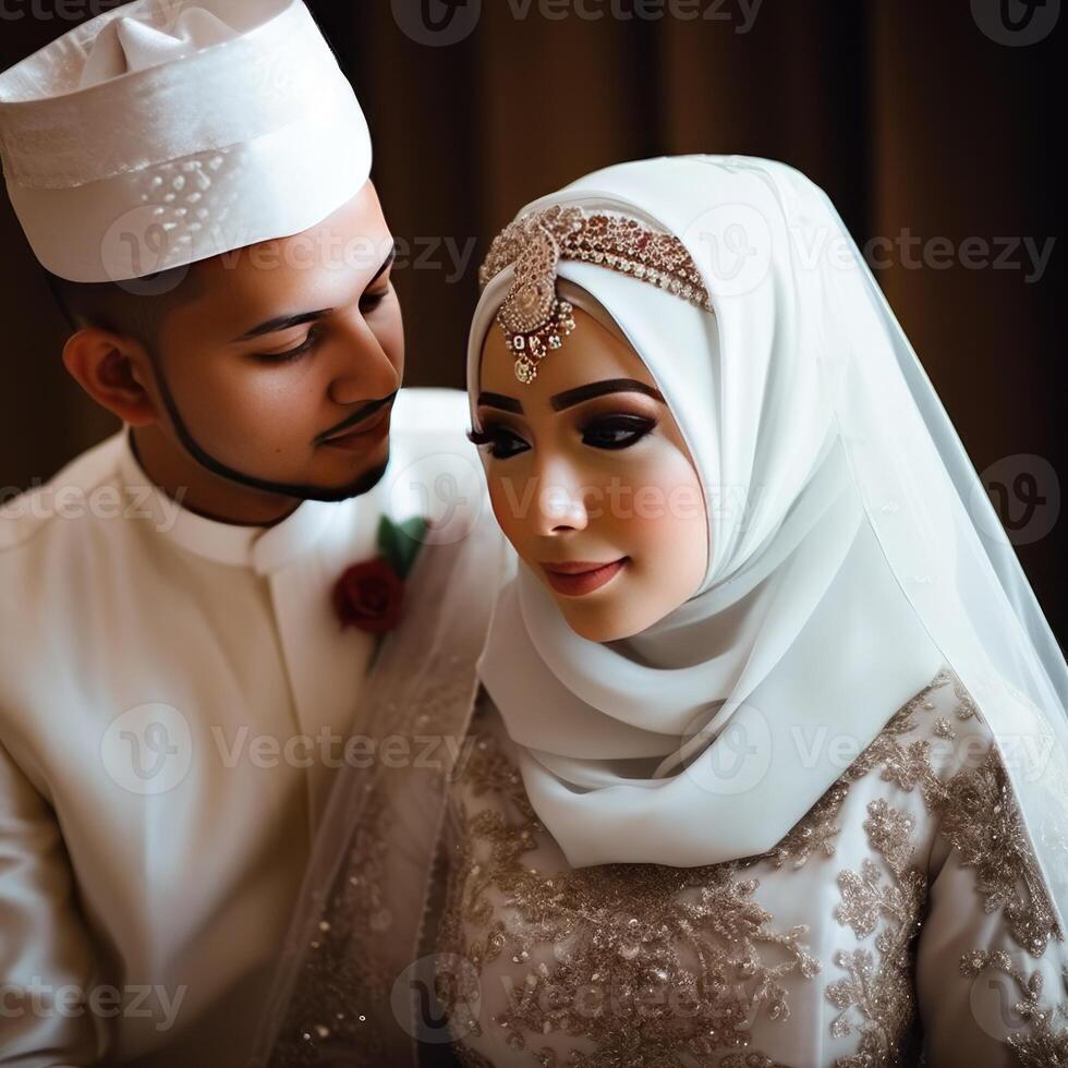 Porträt von Muslim Hochzeit Paar tragen traditionell Kleidung, generativ ai. foto