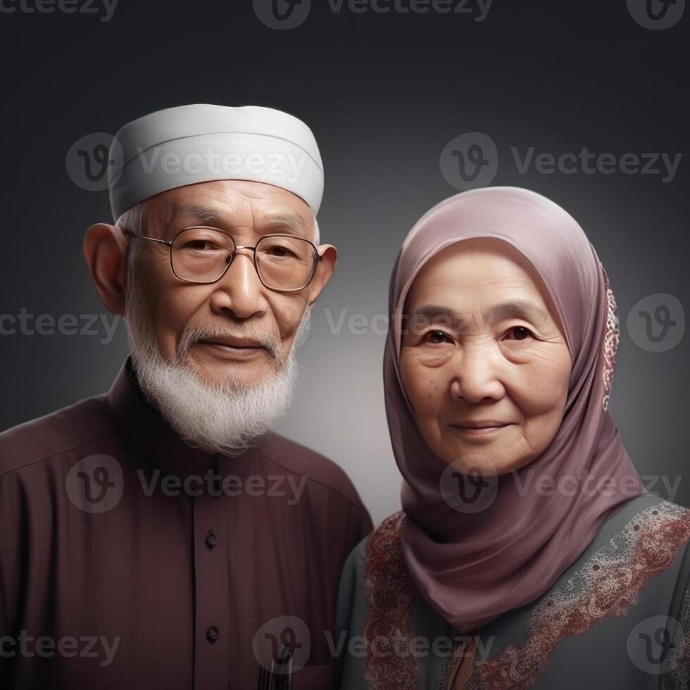 realistisch Porträt von Muslim asiatisch alt Paar tragen traditionell Kleidung, generativ ai. foto