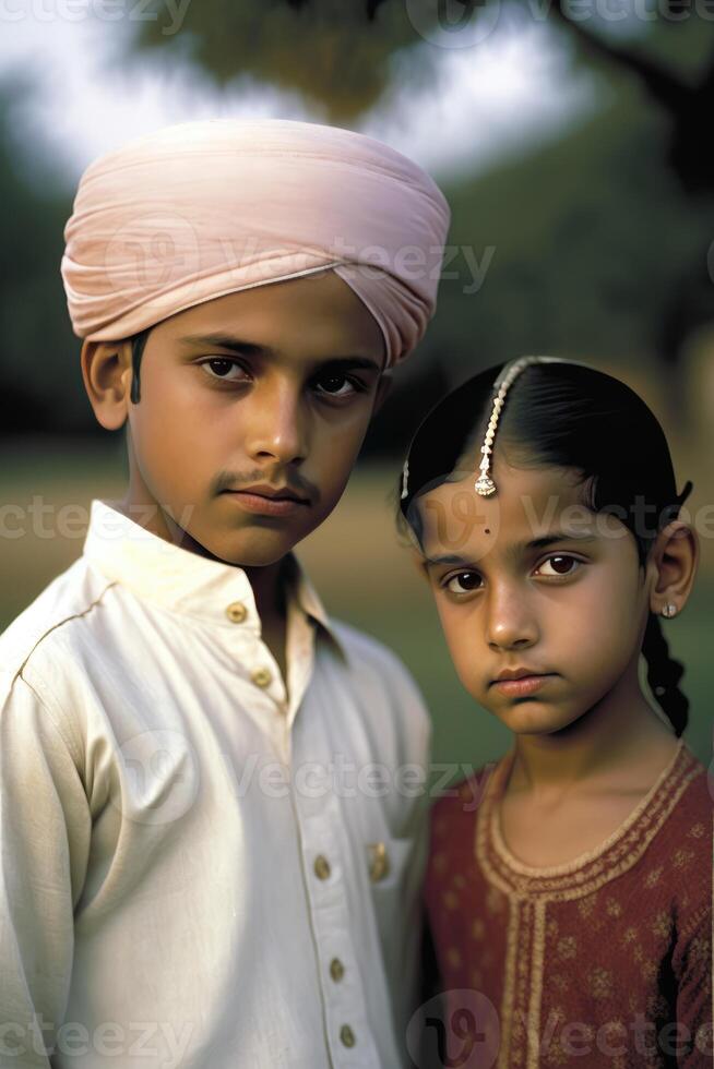realistisch Porträt von indisch Farmer Kinder tragen Schädel Deckel und traditionell Kurta auf Natur Hintergrund. generativ ai Illustration. foto