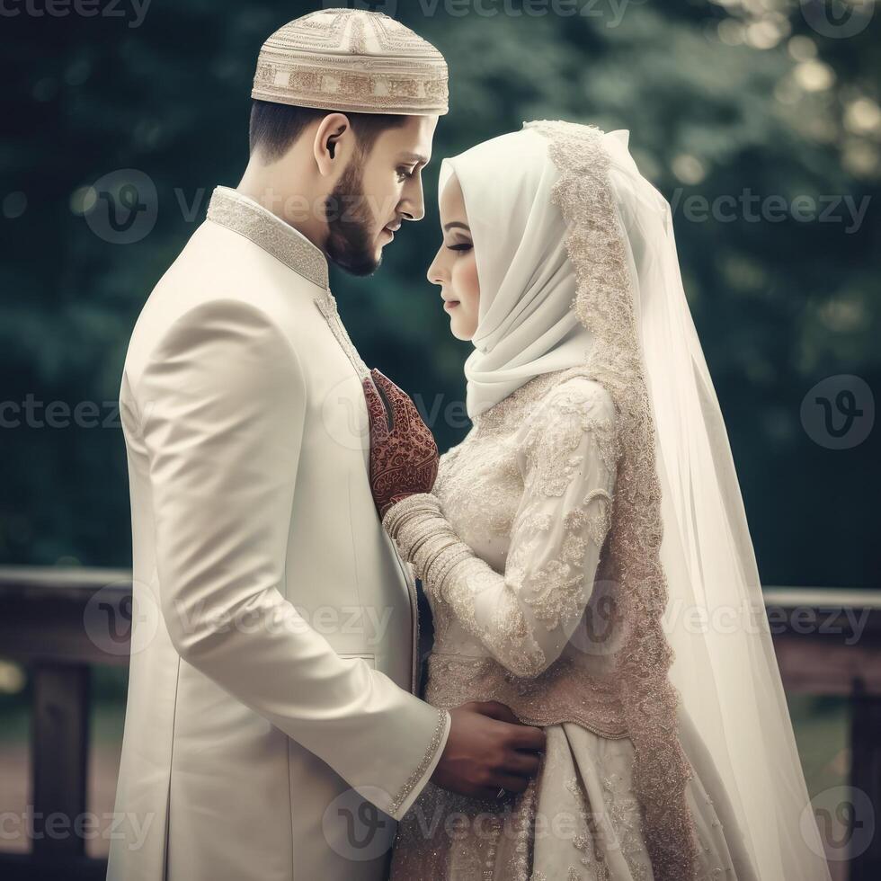 Porträt von Muslim Hochzeit Paar tragen traditionell Kleidung, generativ ai. foto