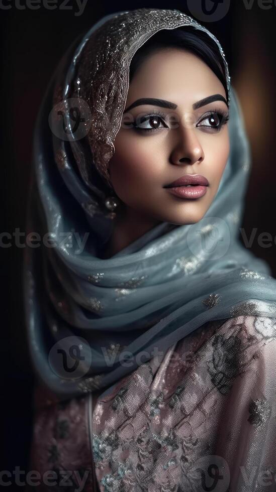 attraktiv Muslim jung Frau Charakter tragen Kopftücher, eid Feier, generativ ai. foto