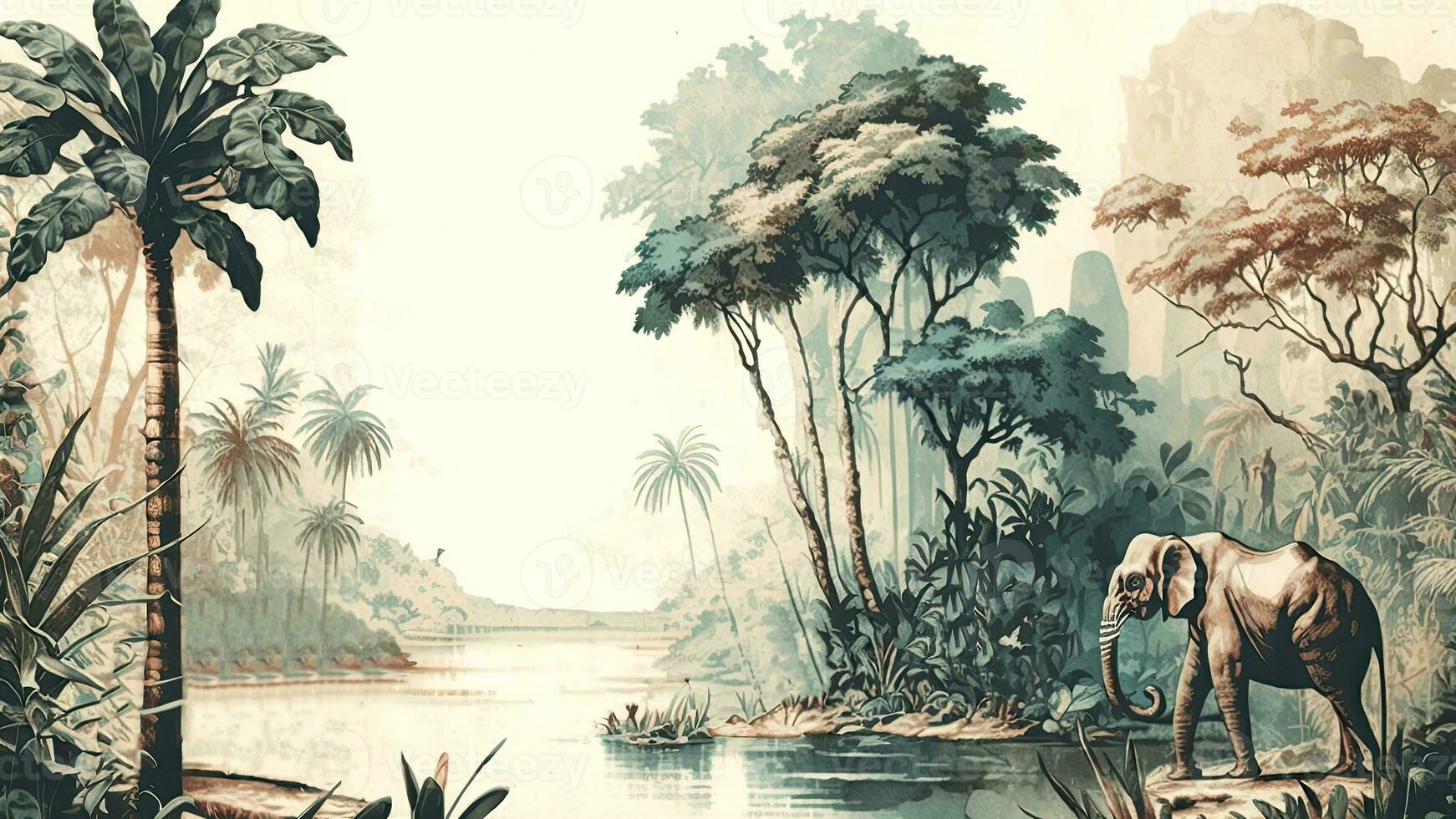 Aquarell Stil Hintergrund Landschaft auf ein afrikanisch tropisch Urwald mit Bäume Nächster zu ein Fluss Elefanten und Vögel. KI-generativ, Digital Illustration. foto