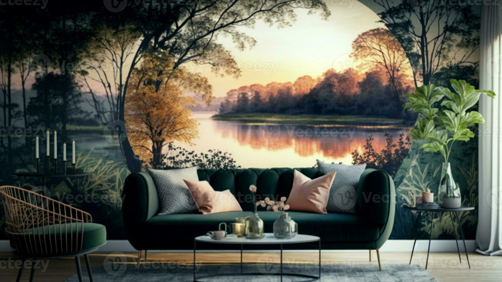 modern Innere Leben Zimmer mit Sofa, Kaffee Tisch, Innen- Pflanzen. Hintergrund oder Hintergrund. tropisch Regen Wald Blätter und Blumen und Bogen. 3d detailliert machen. foto