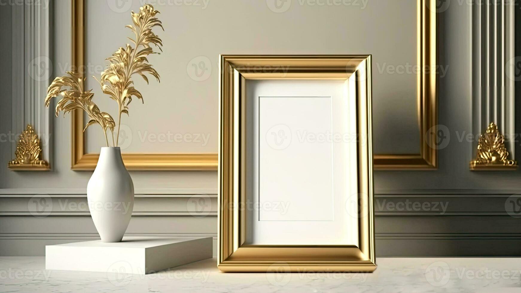 skandinavisch golden Foto Rahmen und dekorativ golden Innen- Pflanzen gegen Pastell- grau Wände.