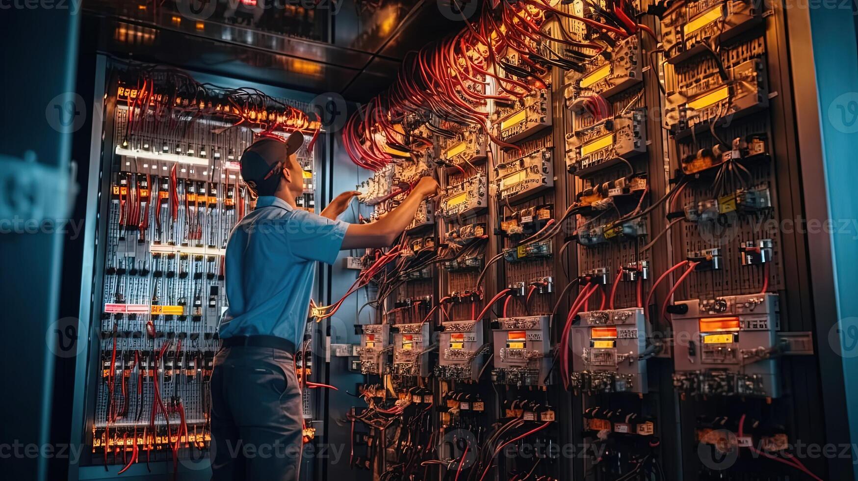 Elektriker Ingenieur Überprüfung elektrisch Strom Stromspannung beim Schaltkreis Unterbrecher und Kabel Verdrahtung System, Konzept von elektrisch Instandhaltung Service. generativ ai. foto