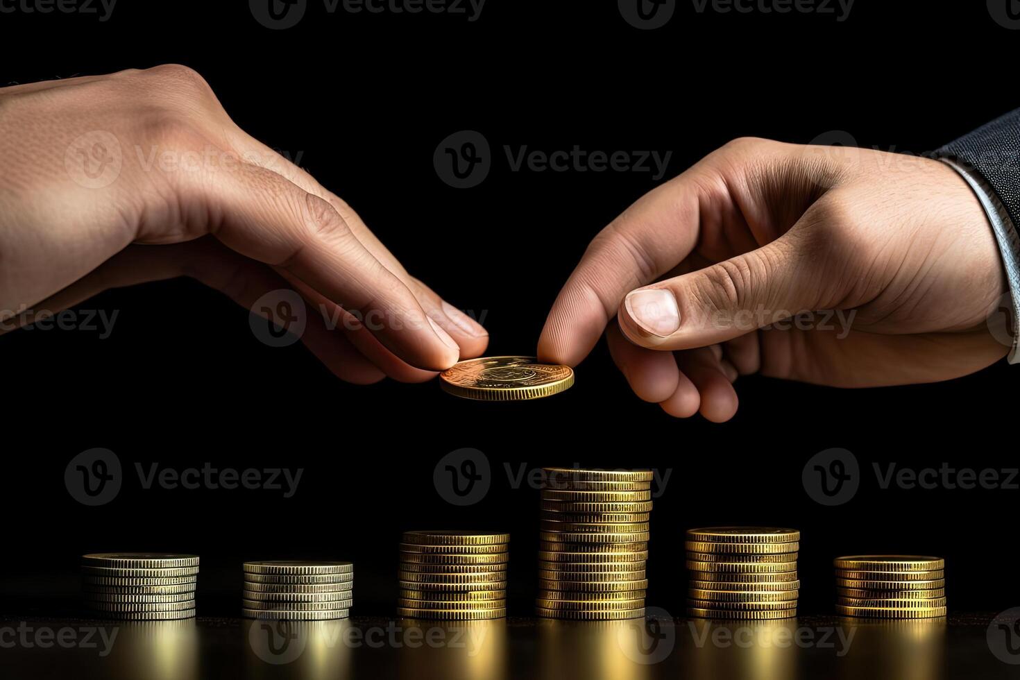 fotogen Bild von Hände behalten Gold Münze auf Stapel und Münzen akkumulieren im Säule Das vertreten Geld Speichern oder finanziell Planung Idee zum Wirtschaft. generativ ai. foto