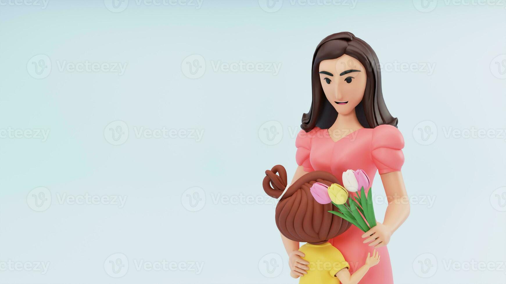 3d machen von jung Frau Charakter umarmen wenig Mädchen mit halten Tulpe Strauß im Stehen Pose. foto