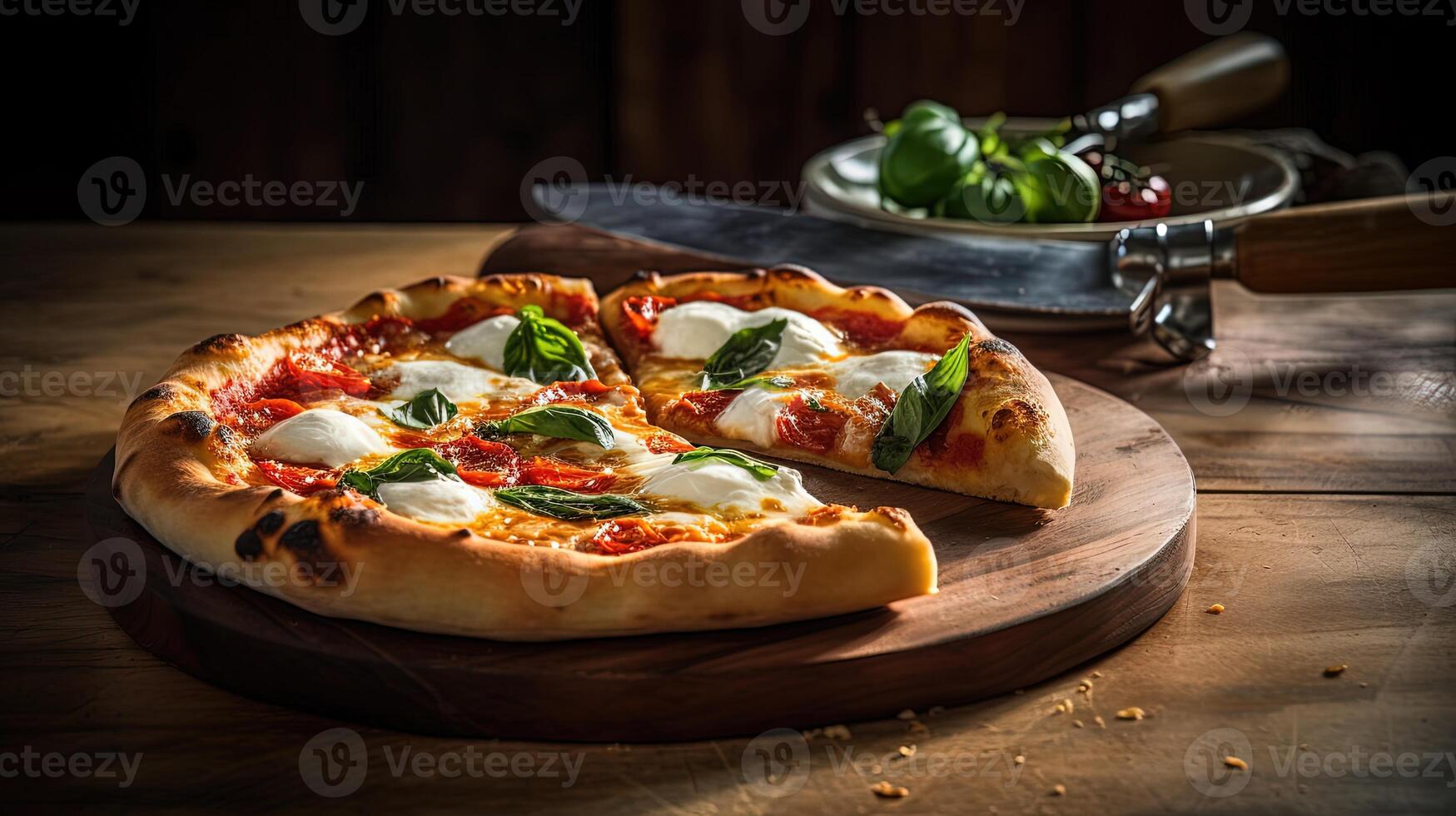 köstlich gebacken Margherita Pizza auf hölzern Schneiden Planke, Essen Fotografie. generativ ai. foto