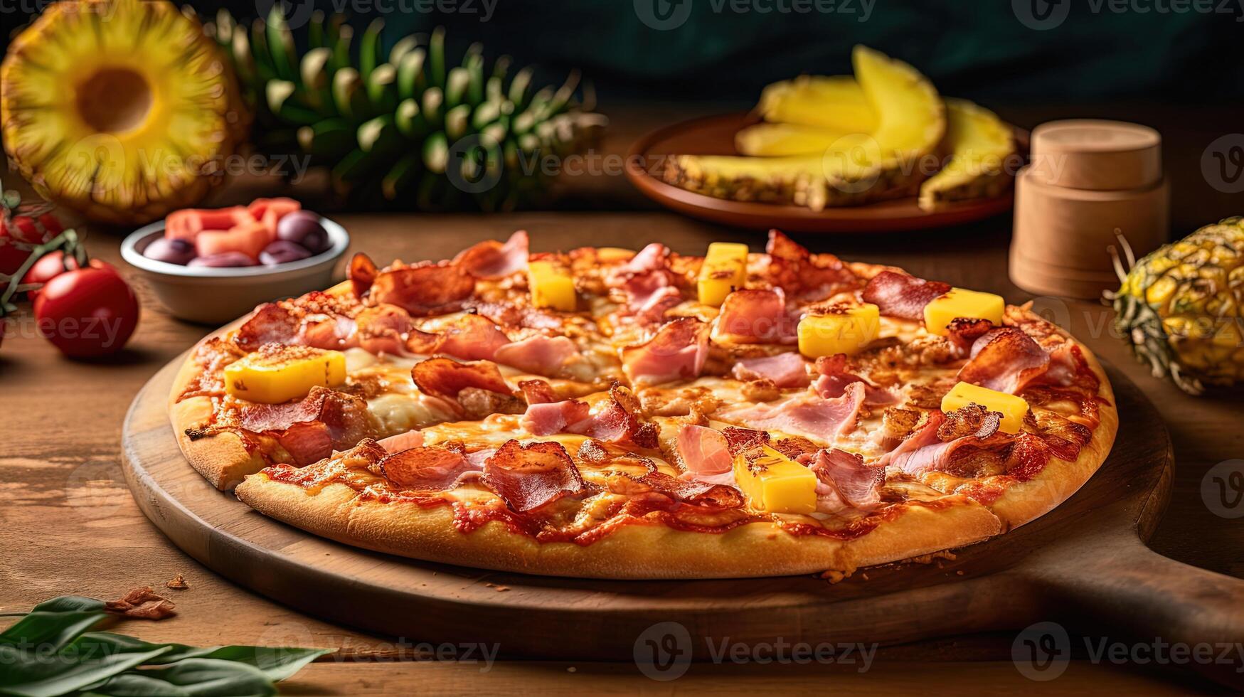 präsentieren ein hawaiisch Pizza mit anders Früchte auf rustikal hölzern Tisch, Nahaufnahme. generativ ai. foto