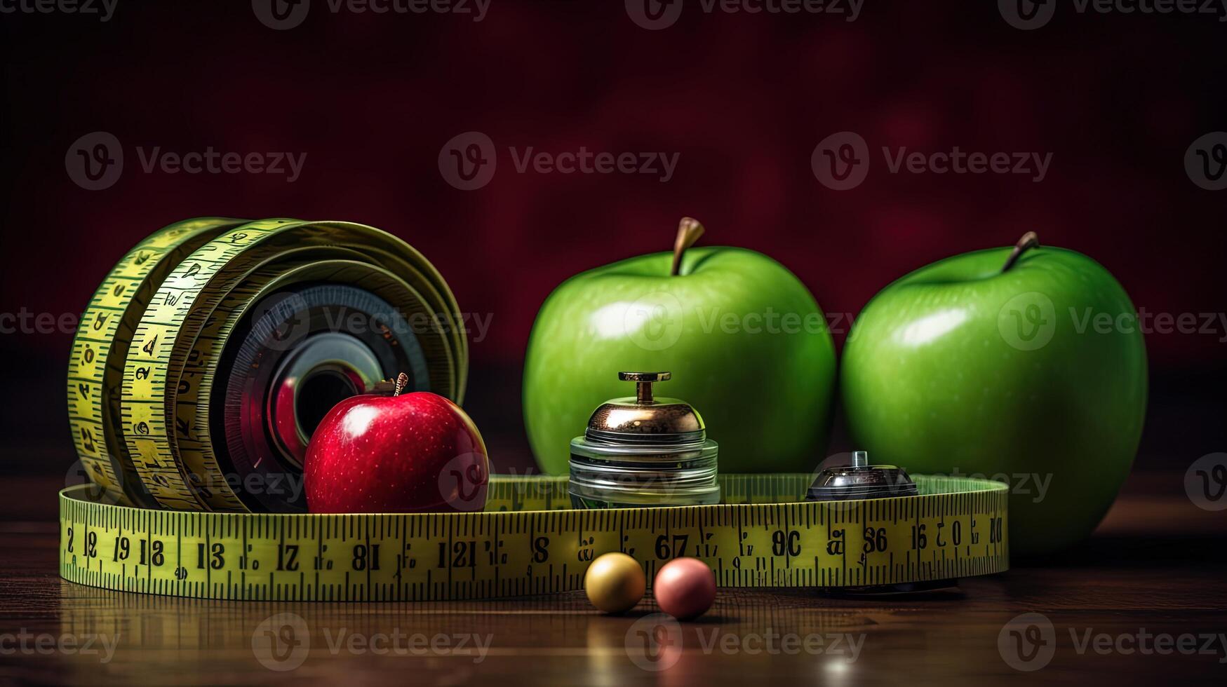 gesund Lebensstil von Grün und rot Apfel mit Messung Band und Glocke Schreibtisch auf dunkel braun Hintergrund. generativ ai. foto