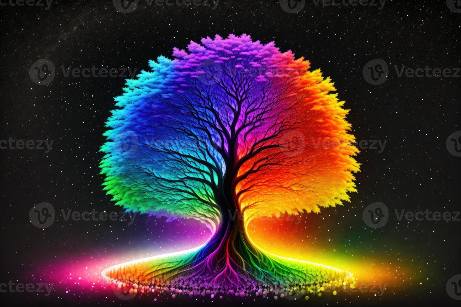 Regenbogen Baum isoliert im Vorderseite von schwarz Hintergrund durch ai generiert foto