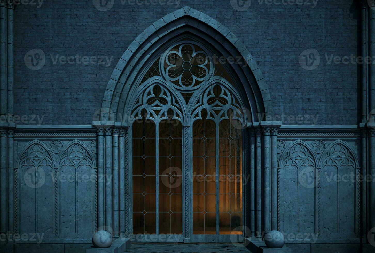 verlassen Nacht Schloss mit ein groß gotisch Fenster oder Krypta foto