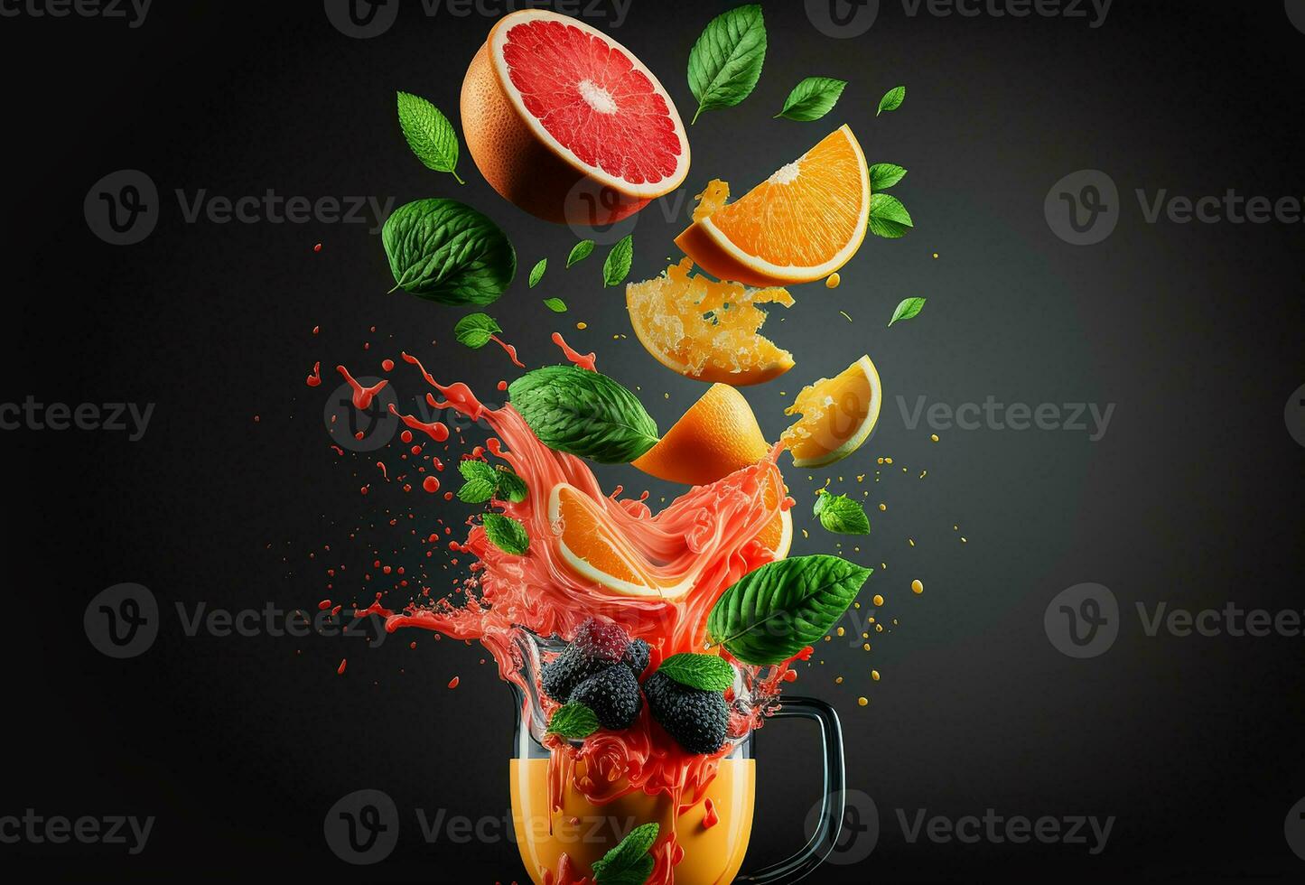 Mixer mit Obst fliegend, isoliert auf schwarz Hintergrund, Obst Saft und Spritzen. generativ ein foto