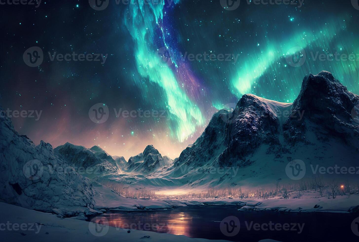 Nacht Landschaft az Nord Beleuchtung über schneebedeckt Berg Spitzen, generativ ai foto