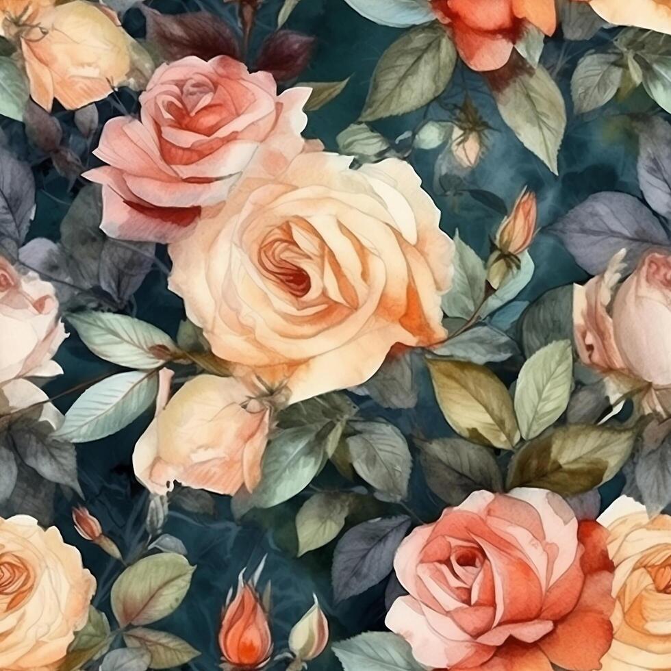 nahtlos patern von schön Rose Blumen mit Grün Blätter im Aquarell Gemälde Stil. gemacht mit generativ ai. foto