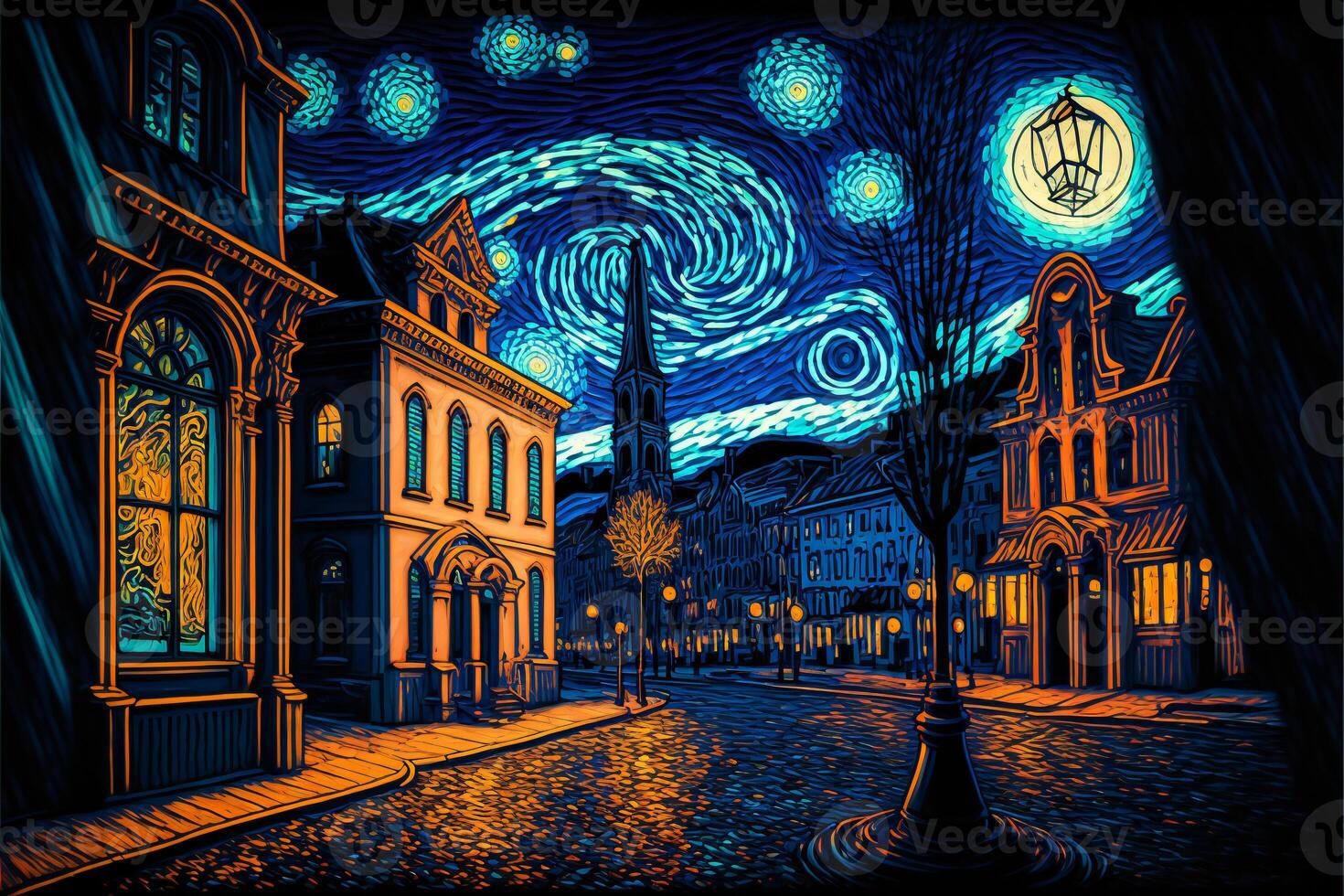 glühend Stadt Straße unter sternenklar Nacht Himmel im van Gogh-Stil Kunst. generativ ai Illustration. foto