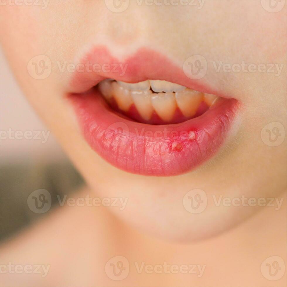 Stomatitis auf das Lippe im Kind foto