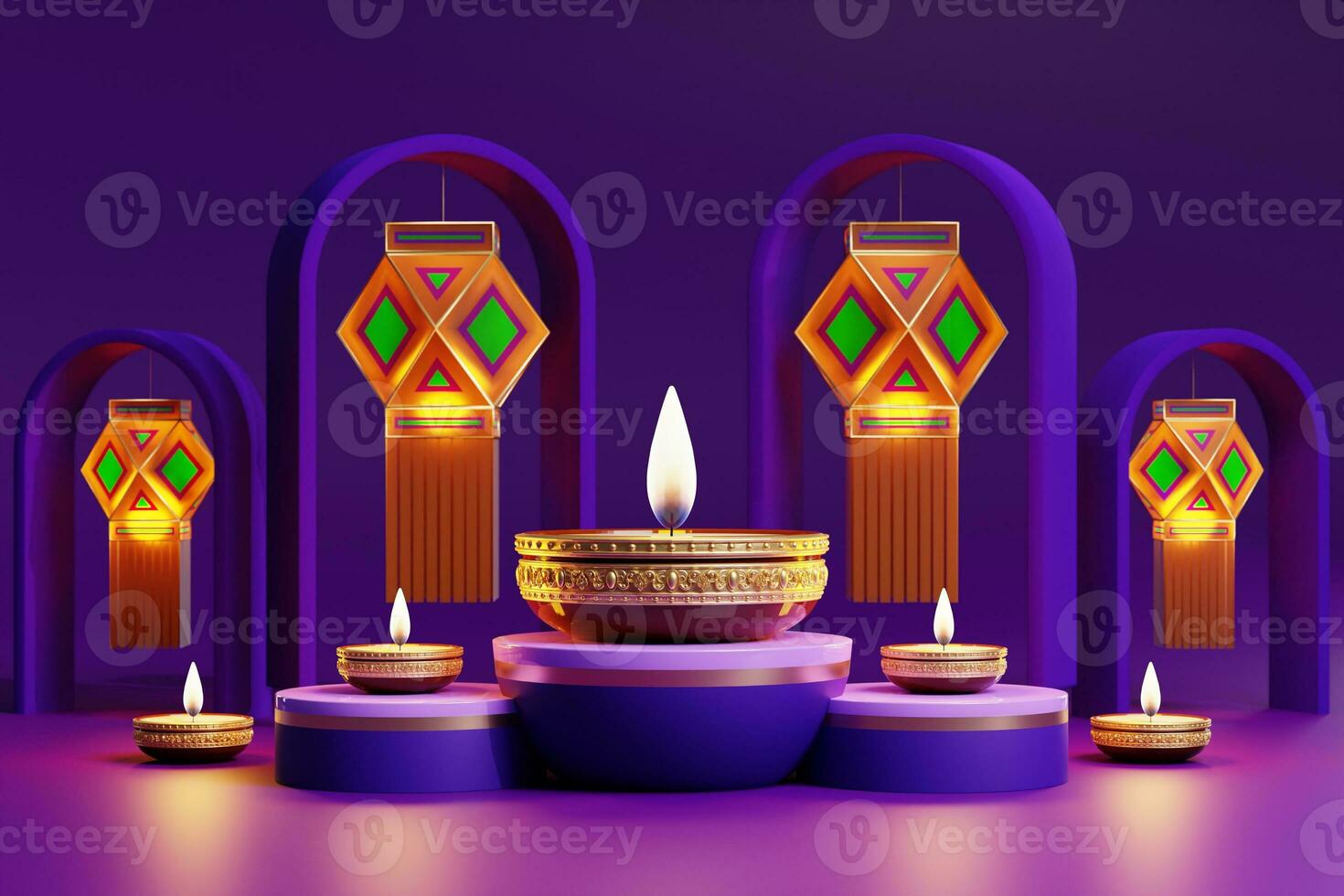 3d Rendern zum Diwali Festival Diwali, Deepavali oder Dipavali das Festival von Beleuchtung Indien mit Gold Diya auf Podium, gemustert und Kristalle auf Farbe Hintergrund. foto