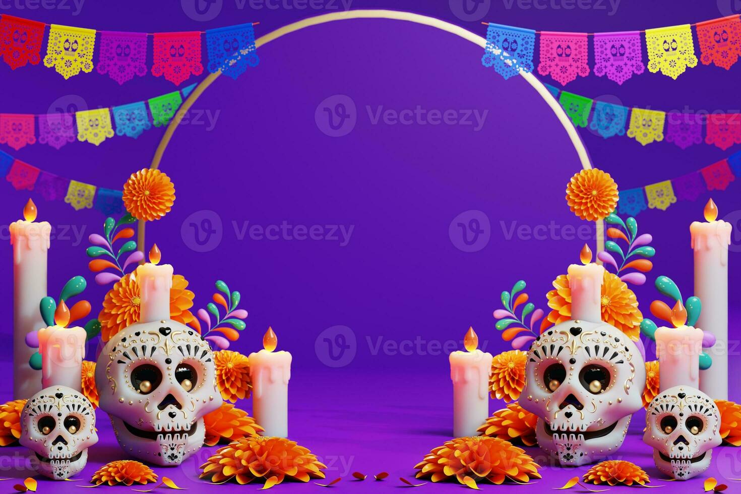 3d Rendern zum Tag von das tot, dia de Muertos Altar Konzept. Komposition von süß Zucker Schädel, Weiß Kerzen, Ringelblume Blumen, schwenken de muerto, Kaktus, Gitarre von das tot. 3d Illustration foto