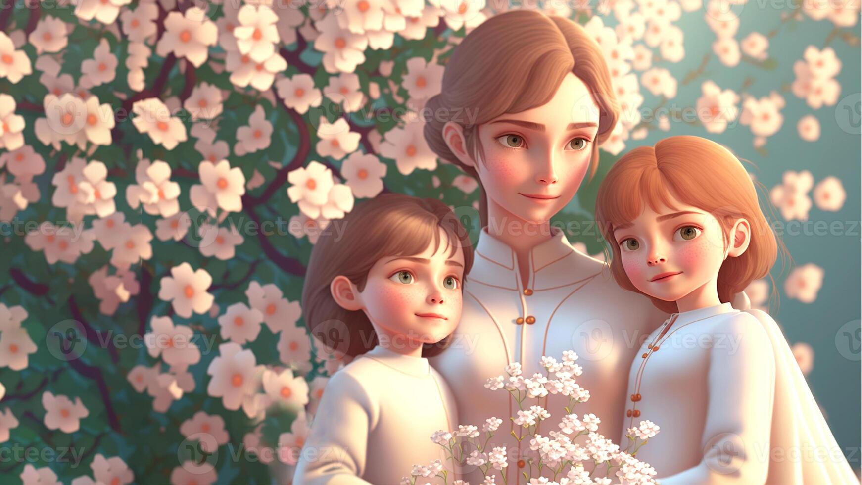 Mutter und Töchter, schön Blumen Hintergrund, glücklich Mütter Tag Konzept . generativ ai foto