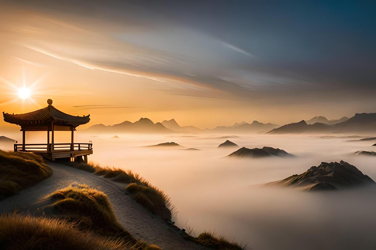 Chinesisch Tempel und Wasser Landschaft. ai generiert. foto