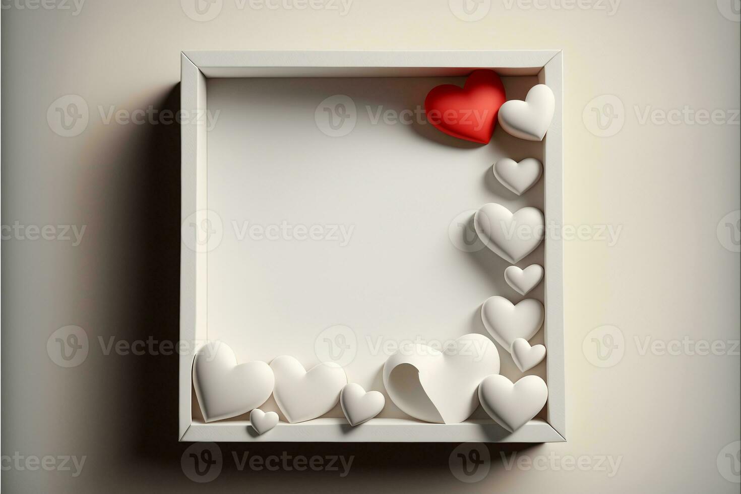3d machen, Weiß und rot Herzen Innerhalb Platz Rahmen mit Bild Platzhalter. foto