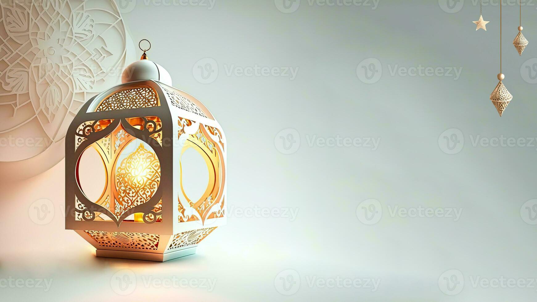 realistisch beleuchtet Arabisch Laterne auf Mandala Hintergrund. islamisch religiös Konzept. 3d machen. foto