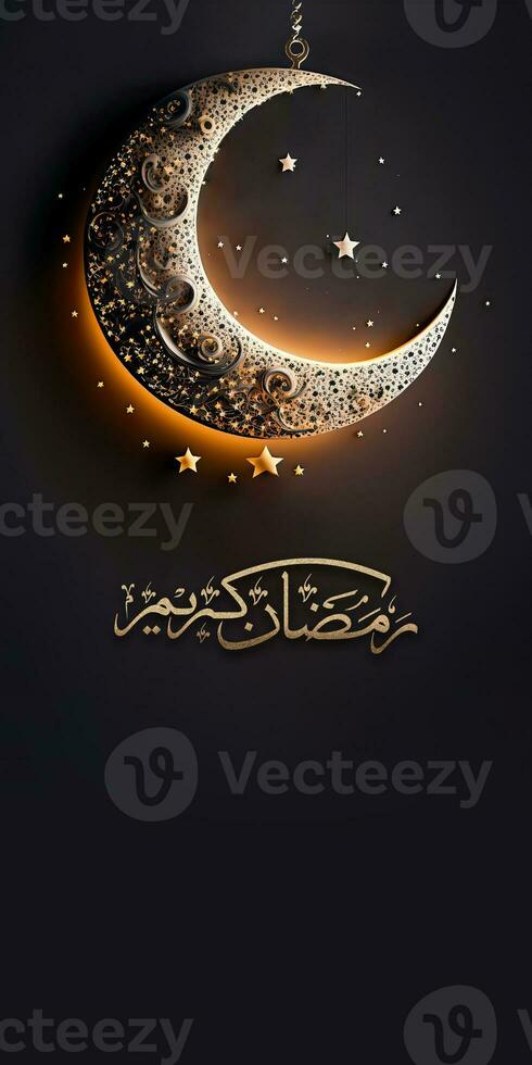 Arabisch Kalligraphie von Ramadan kareem mit 3d machen, Halbmond Mond und hängend Sterne auf dunkel Hintergrund. Banner Design. foto