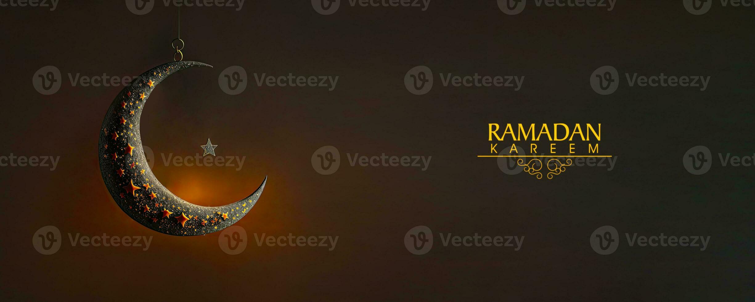 Ramadan kareem Banner Design mit 3d machen von hängend Halbmond Mond und Star auf dunkel Hintergrund. foto