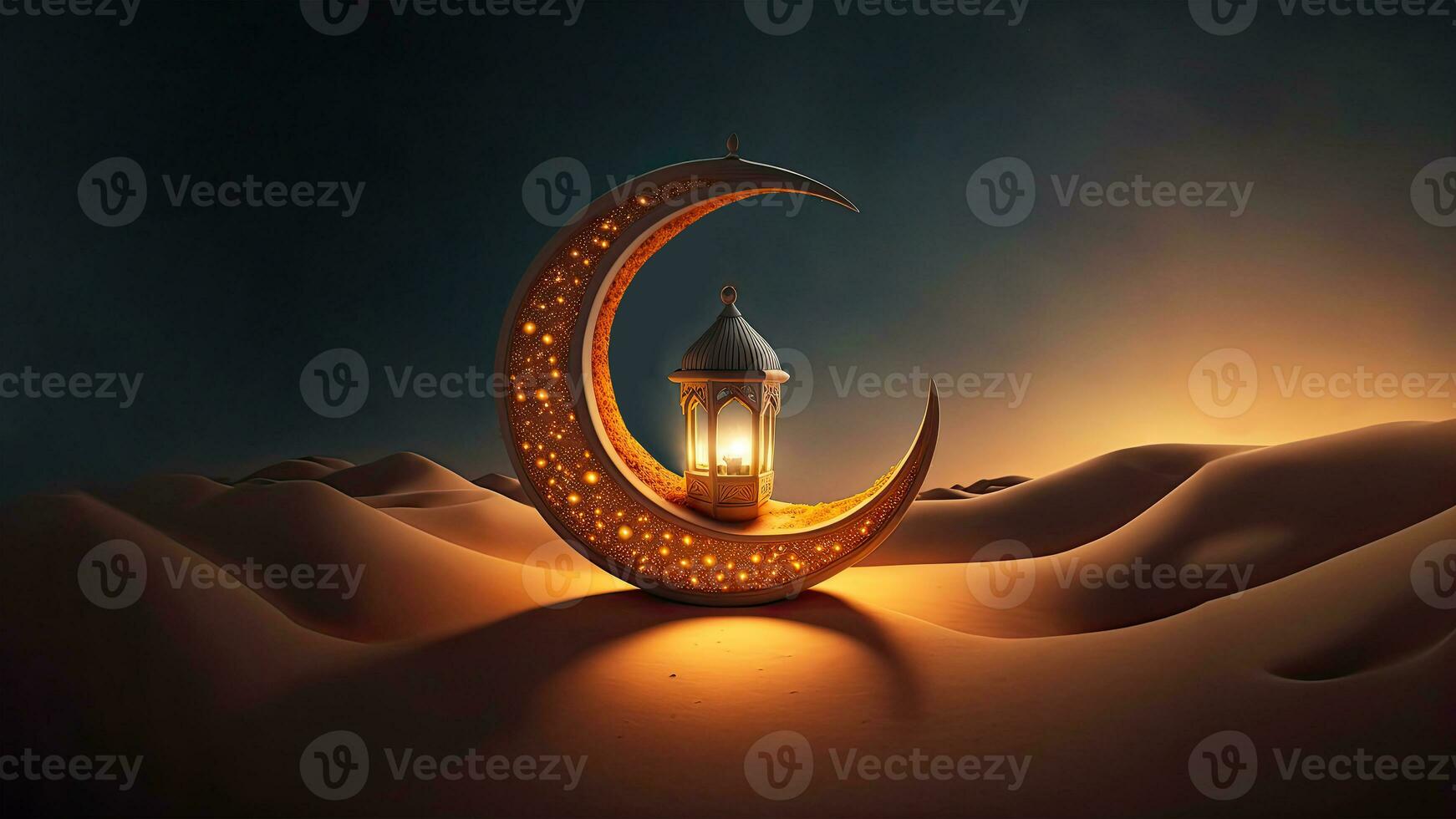 3d machen von golden Halbmond Mond mit beleuchtet Arabisch Laterne auf Sand Düne. islamisch religiös Konzept. foto