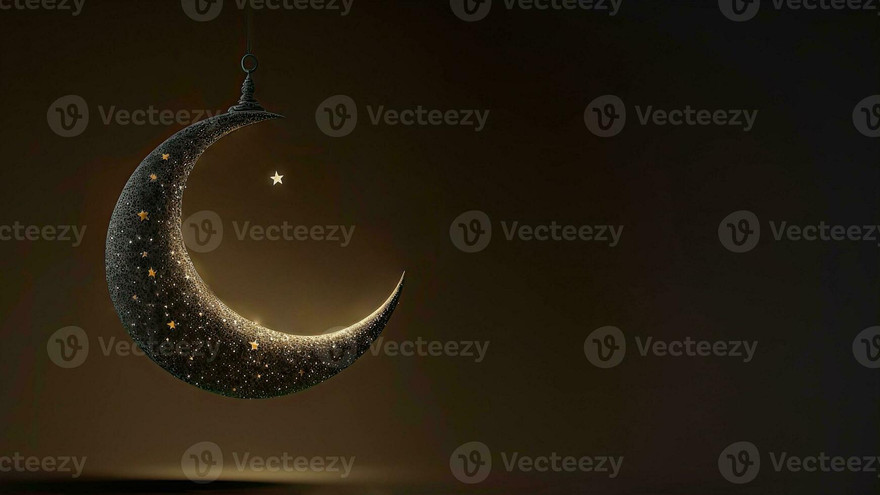 3d machen von exquisit glänzend Halbmond Mond auf Bokeh Hintergrund. islamisch religiös Konzept. foto