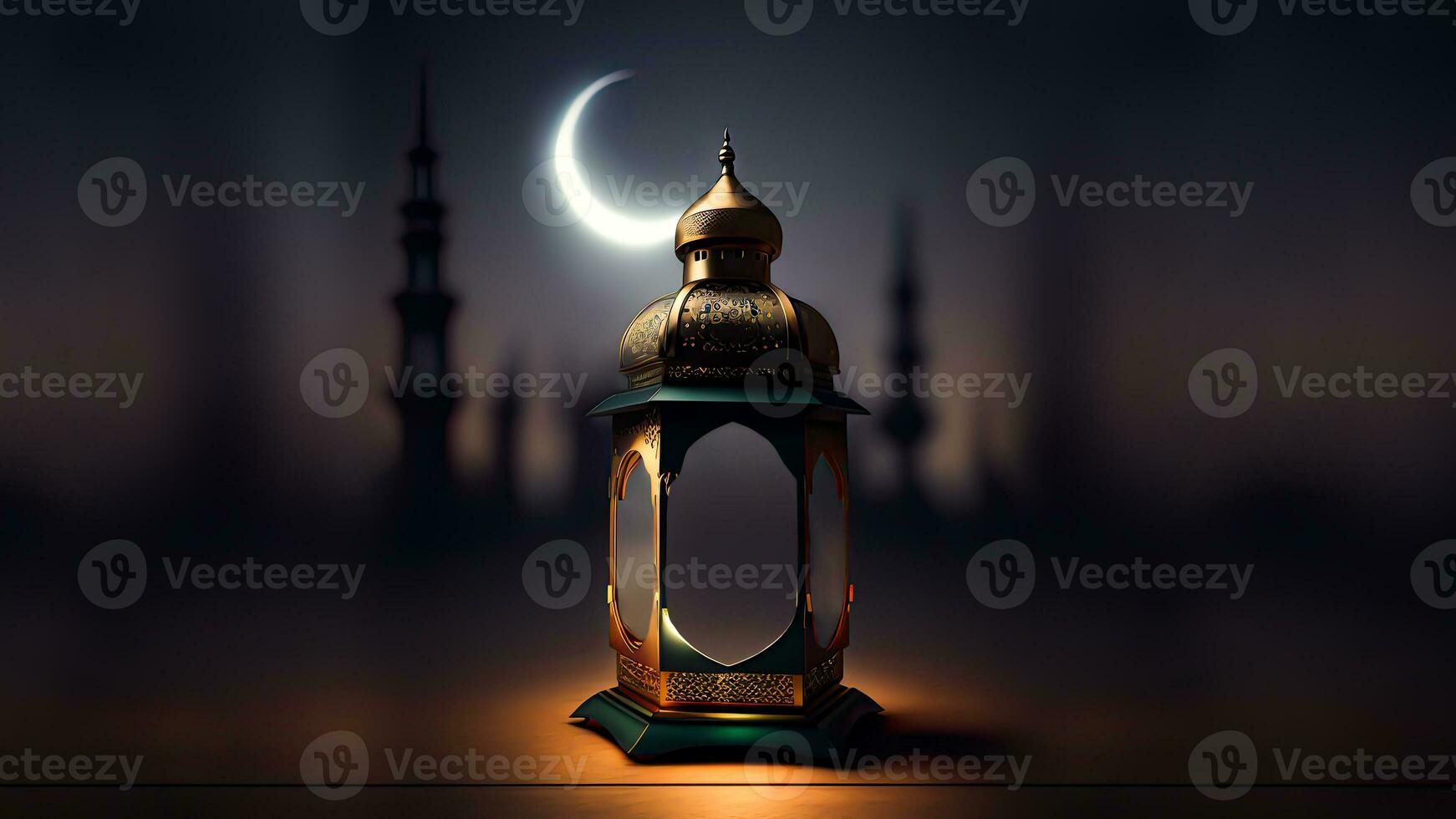 3d machen von beleuchtet Arabisch Lampe auf Halbmond Mond Nacht Sicht. islamisch religiös Konzept. foto