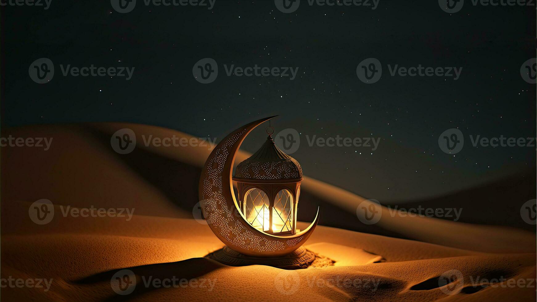 3d machen von golden Halbmond Mond mit beleuchtet Arabisch Laterne auf Sand Düne. islamisch religiös Konzept. foto