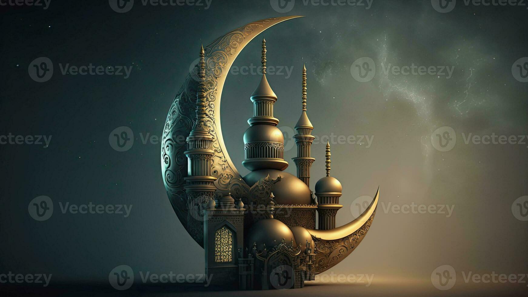 3d machen von exquisit geschnitzt Mond mit Moschee auf Nacht Hintergrund. islamisch religiös Konzept. foto